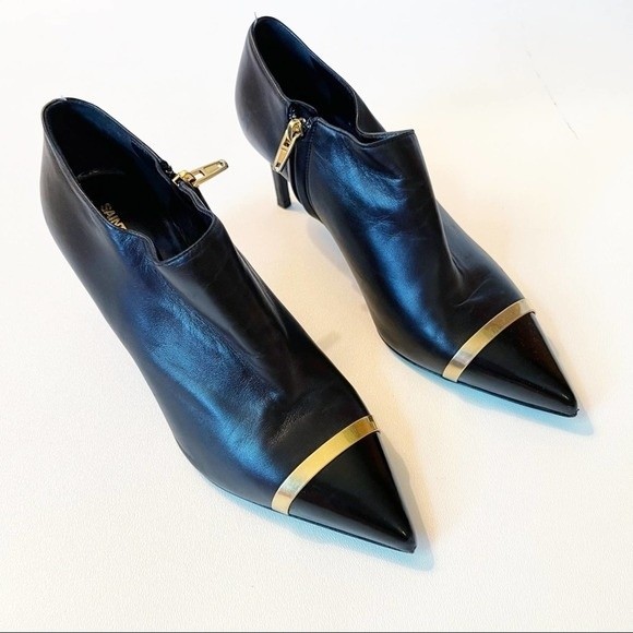 Saint Laurent Pointed Cap Toe Mid Heel Boots with Gold Accent Size 39.5 - Picture 5 of 16